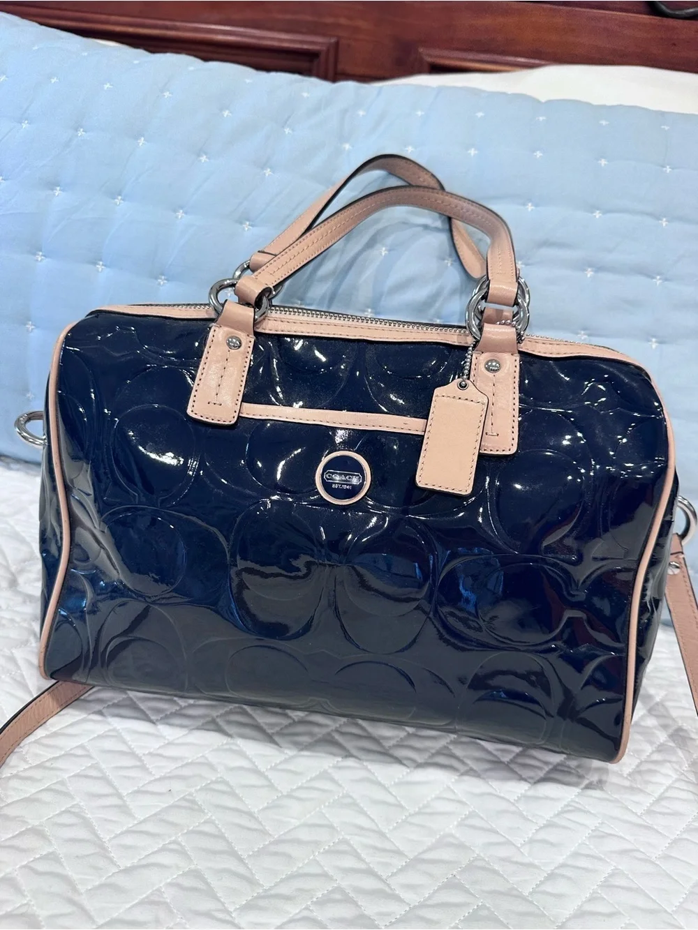 Coach Patent Leather Satchel with tan Trim - Navy Patent